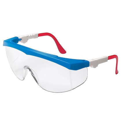 Mcr Safety TK1, Safety Glasses, Anti-Fog, Clear Lens, Blue/White/Red Frame, Half Frame, 12 PK TK130AF